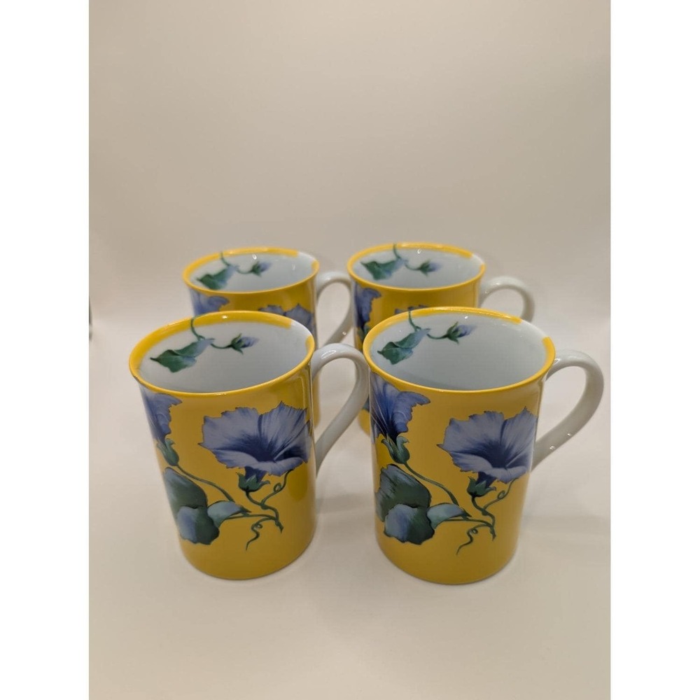 Vintage Könitz Germany Bonjour Morning Glory Floral Yellow Coffee Mugs Set of 4